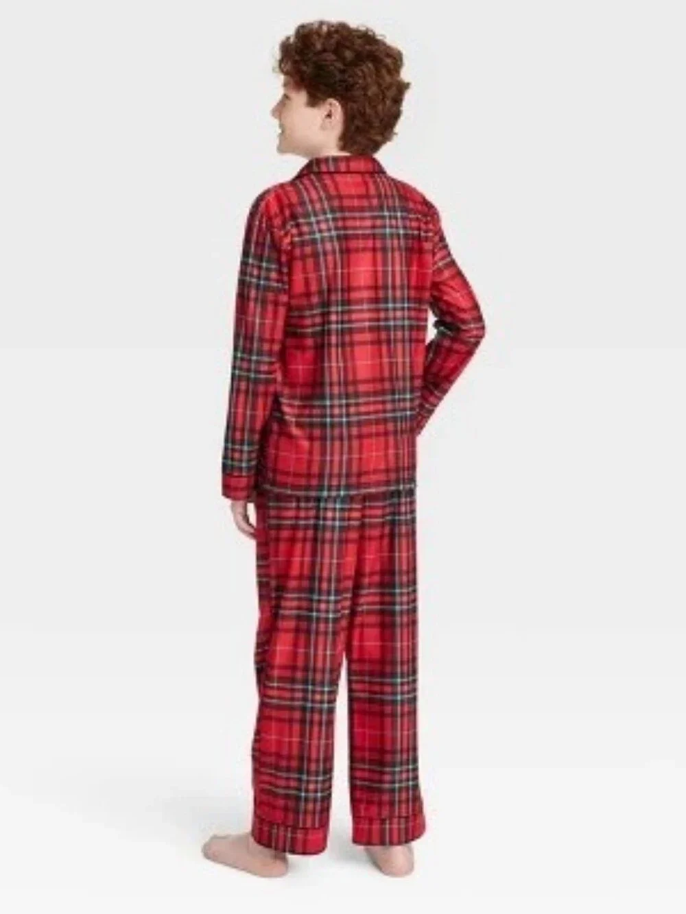Wondershop Red Tartan Plaid Kids Pajama Set Button-Up Top & Pants - Size Large